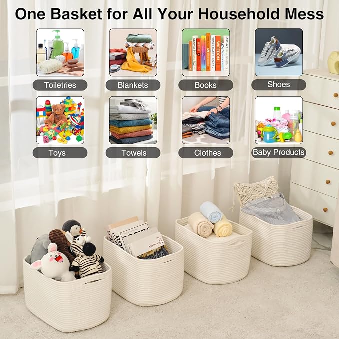 ICERZCZ Woven Cotton Rope Storage Baskets for Organizing & Shelves, Organization Bins for Dog Toys, Clothes, Books, Nursery Organizer, 15"x11"x9", Off White (4 Packs)