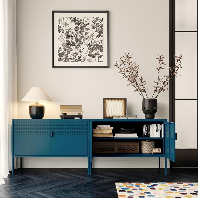 COFaR TV Stand for TVs up to 75 Inch, 40 Inch Media Console with Ventilation Doors, Metal Entertainment Center with Adjustable Shelves & 120Lbs Storage for Living Room & Bedroom, Peacock Blue