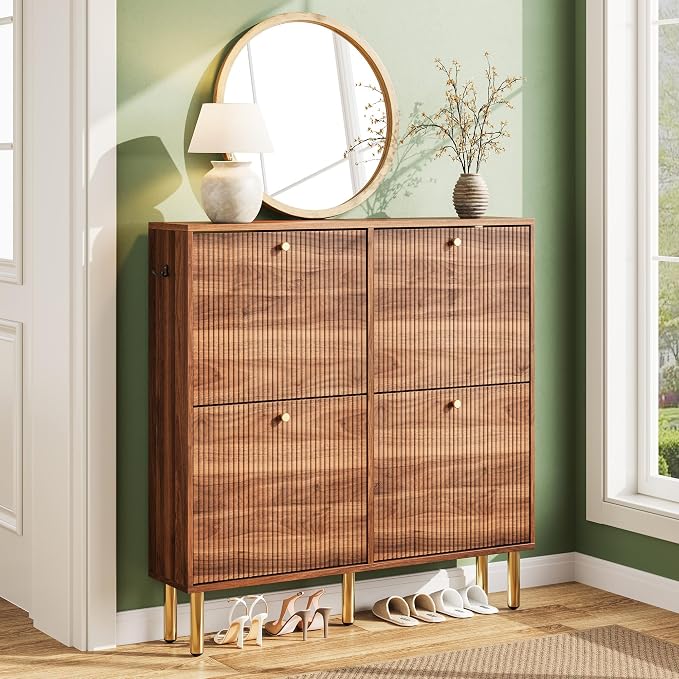 Nicetree Shoe Storage Cabinet for Entryway - 4 Flip Drawers Shoe Cabinet with Tiered Fluted Design - Slim Shoe Storage Rack with Gold Legs - Narrow Shoe Cabinet Hidden Shoe Organizer for Small Spaces