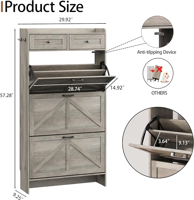 Shoe Cabinet with 3 Flip Drawers & 2 Top Drawers, 57" Tall Freestanding Narrow Wooden Shoe Storage Organizer for Entryway, Hidden Slim Shoe Rack for Front Door Entrance, Hallway, Living Room, Grey