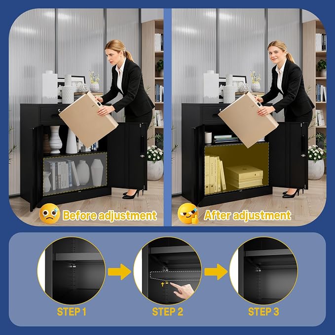 Metal Storage Cabinet with 2 Drawer, 35" Office Storage Cabinets | Garage Storage Cabinet Adjustable Shelves Locking Tool Cabinet Utility Cabinets for Bathroom,Kitchen,Home Office,School,Shop