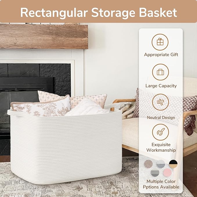 Goodpick 105L Extra Large Woven Blanket Basket, Cotton Rope, White | 25 x 16 x 16 in, Rectangle, Living Room, Bedroom & Nursery Organization, Blankets, Clothes & Toys Storage