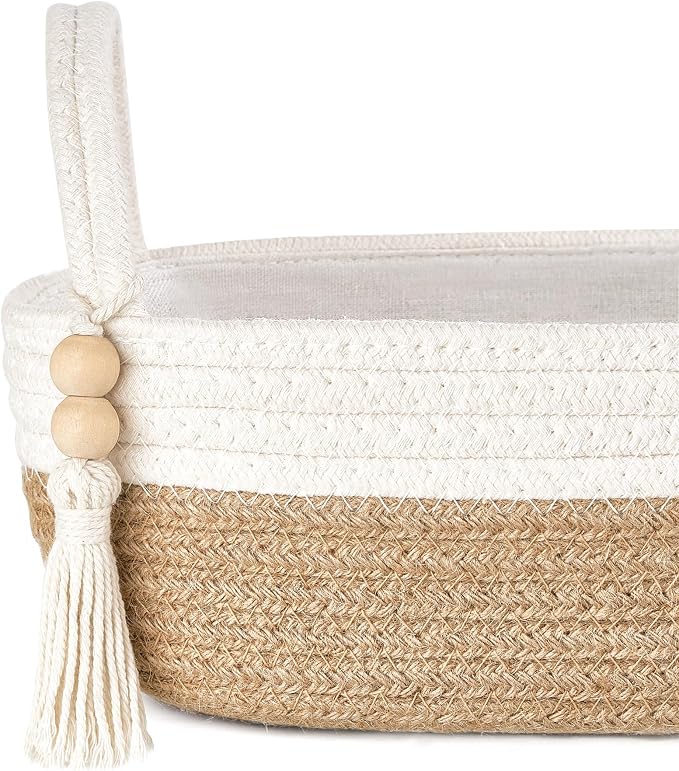 Mkono Toilet Paper Basket, Boho Bathroom Decor, Small Storage Organizer | Brown and White, 13"L x 6"W, Back of Toilet Basket, Decorative Woven Tray with Handles, Space-Saving, Living Room Bedroom