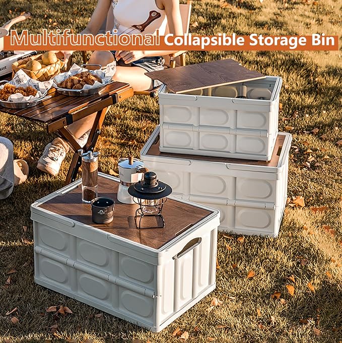 VPTMRP Collapsible Storage Bin with Handles and Wooden Lid, Large Capacity Stackable Utility Crates Holds 33lbs for Outdoor Home Storage Organizing Moving (30L/7.9Gal)