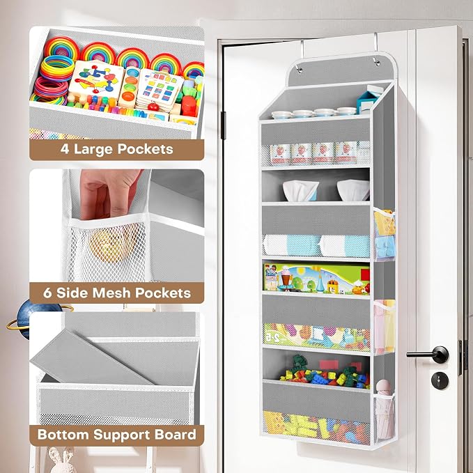Over the Door Organizer, 4 Large Pocket Hanging Storage with 40lb Capacity | Space Saving Door Storage for Nursery, Bathroom, Bedroom and Closet, Baby Essentials and Toiletry Organizer, Grey