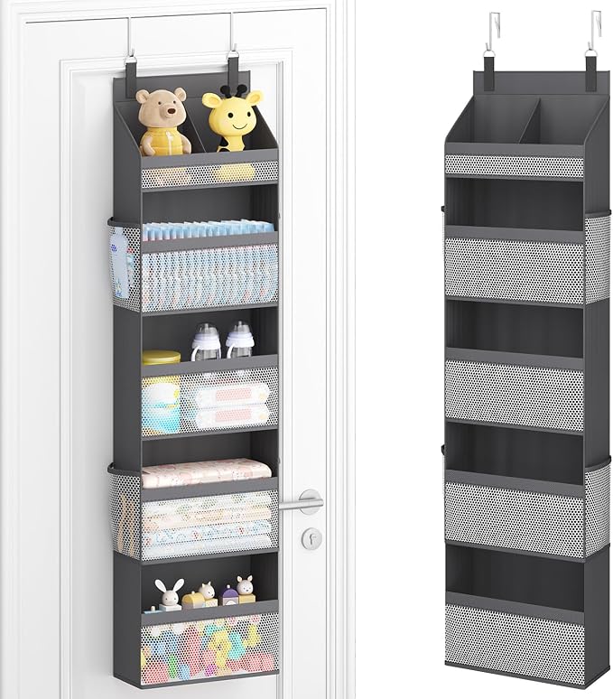 Lifewit 5 Tier Over the Door Diaper Organizer for Nursery, Large Heavy Duty Hanging Storage with 4 Mesh Side Pockets, Sturdy Back of Door Shelf for Baby Stuff Toy in Pantry, Laundry, Bathroom, Gray
