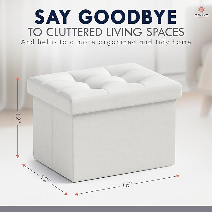 Ornavo Home Small Rectangle Storage Ottoman, Linen, 12x16x12, White | Collapsible Cube Design; Foot Rest Stool Seat; Ideal for Living Room, Bedroom, Home Office or Dorm