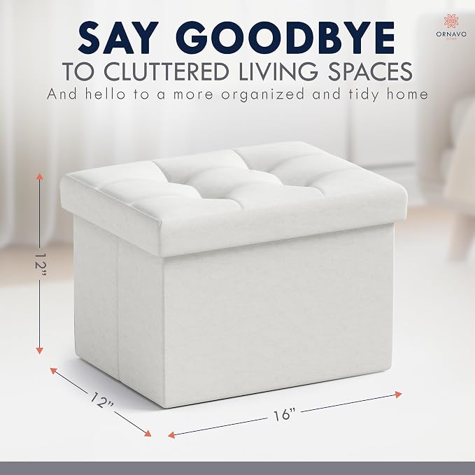 Ornavo Home Small Rectangle Ottoman Set of 2, Linen, 12x16x12, White | Storage Collapsible Design; Foot Rest Stool Seat; Ideal for Living Room, Bedroom, Home Office or Dorm