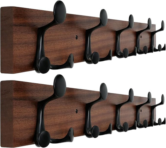 WEBI Coat Rack Wall Mount,30" Solid Wood Coat Hooks Wall Mounted Coat Hanger,16" Hole to Hole,Heavy Duty 5 Triple Hooks for Hanging Coats,Jacket,Hat,Backpack,Farmhouse,Reddish Brown,2 Packs