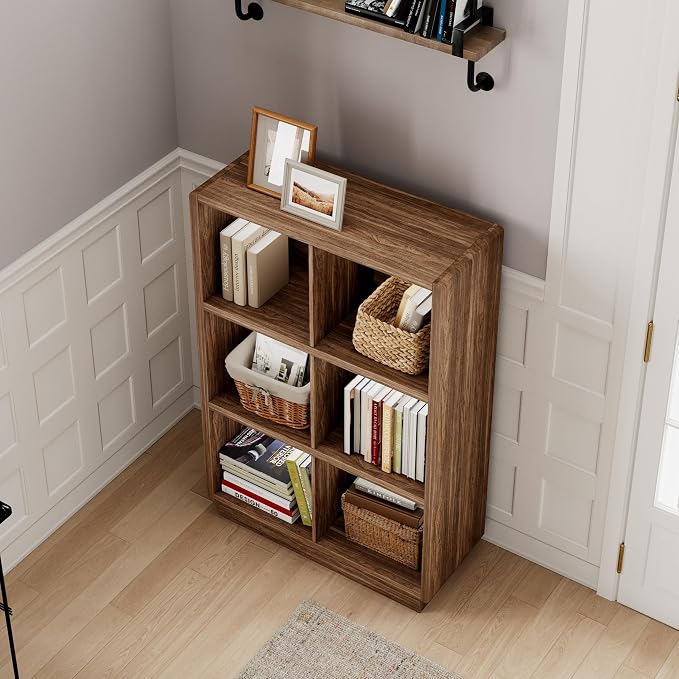 ChooChoo 3-Tier Bookshelf, 6 Cube Storage Organizer, Wooden Bookcase with Storage, Cube Storage Bookshelf for Bedroom and Home Office, Brown Walnut