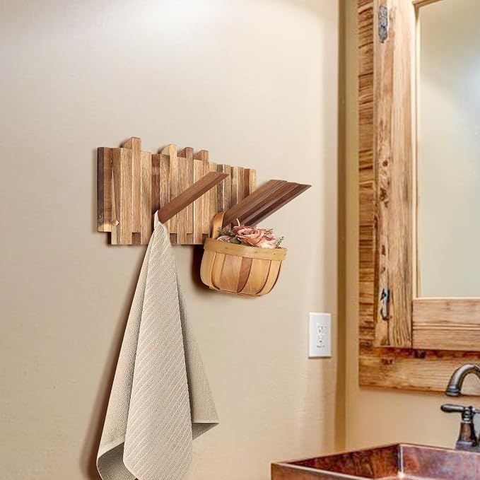 Wall Coat Rack for Entryway: Folding Wood Rustic 8 Hooks | 16.5inch Piano Hanger for Small Space Bathroom Hallway for Towel Backpack Jacket - Farmhouse Design Decor (Staggered Style)
