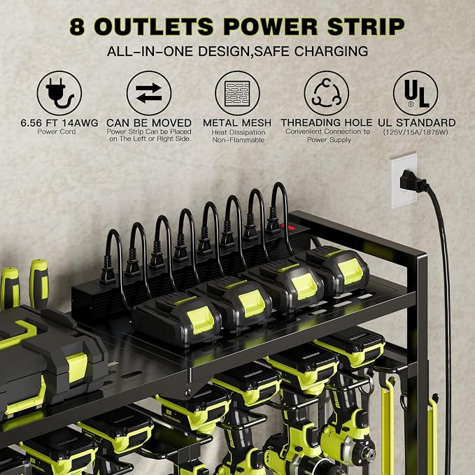 NattyDot Power Tool Organizer Cart with Charging Station, 8 Drills, Black | Freestanding Power Tool Cart Holds 8 Drills; Charging Station Powers Batteries while Sturdy Shelves Organize Garage Gear
