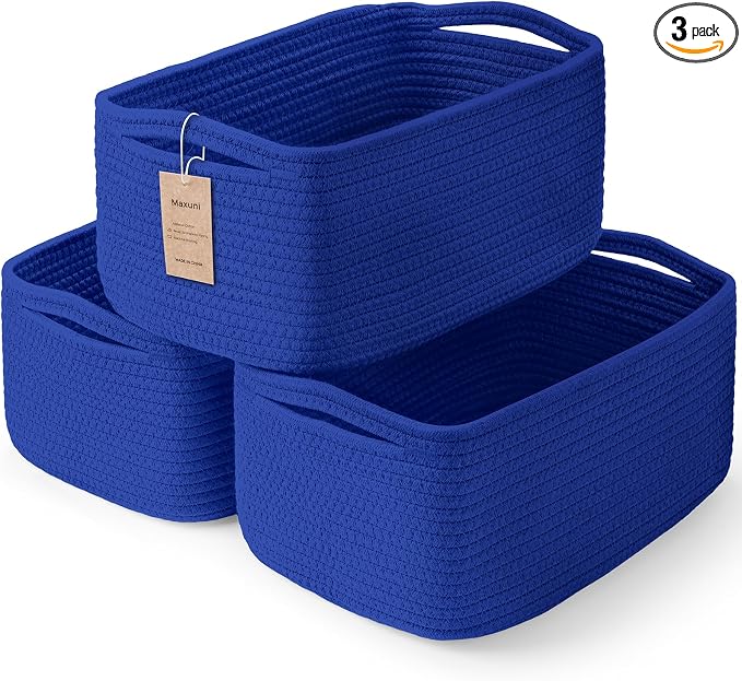 3-Pack Small Storage Baskets for Organizing | Woven Shelf Toy Basket | Rope Baskets for Gifts Empty | Closet Organizer Bins with Handles | Cube Decorative Box | 11.8×7.8×5.1” | Klein Blue