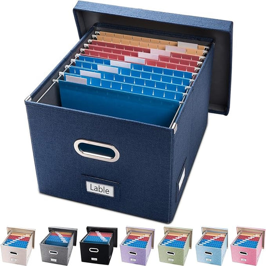 File Organizer Box - Set of 1 Collapsible Decorative Linen Filing Storage Hanging File Folders with Lids Office Cabinet Letter/Legal Size Navy Blue (17x14x11.2 inch)
