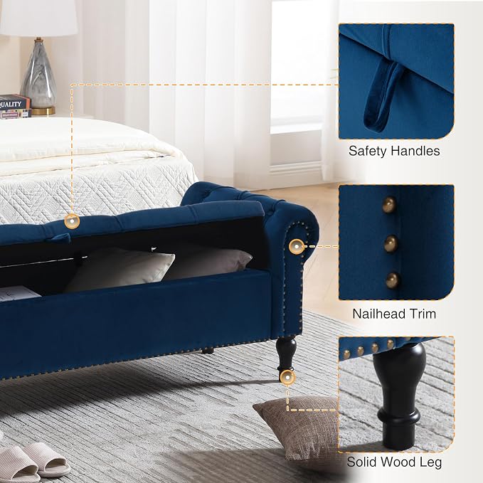 Velvet Storage Bench 67 Inch Upholstered Tufted Ottoman Bench with Arms Large Storage Space King Size End of Bed Bench for Bedroom Living Room Entryway Navy Blue