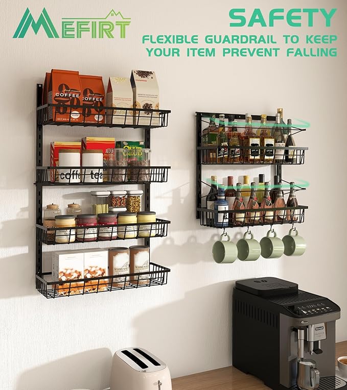 Mefirt Over The Door Pantry Organizer, Pantry Storage and Organization | 6-Tier Adjustable Hanging Baskets, Metal Wall Mount Spice Rack Seasoning Shelves for Home & Kitchen, Laundry Bathroom - Black