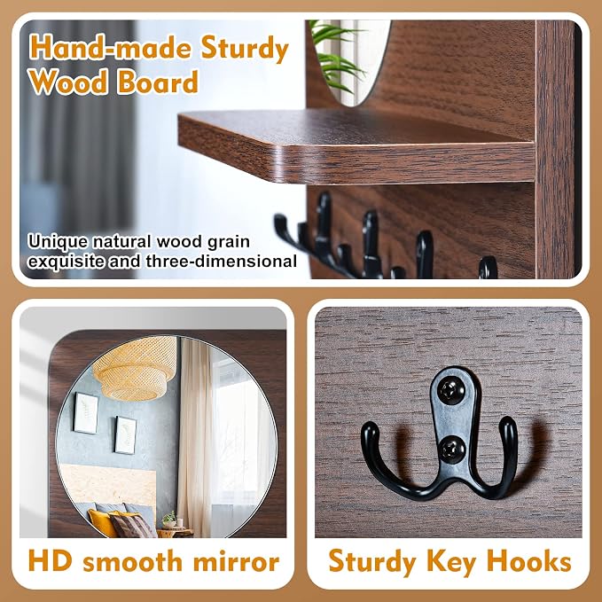 Coat Rack with Shelf Rustic Wooden Wall Mounted Hanging Coat Rack with Mirror Shelves and 4 Double Hooks Decorative Entryway Hook Shelf for Hallway Living Room Bedroom 16"x12" (Brown S)
