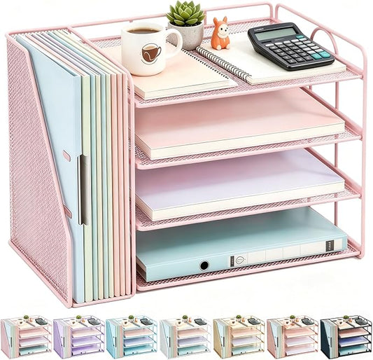 gianotter 4-Tier Paper Organizer With Magazine Holder, Desk Organizers and Accessories, Desk Accessories & Workspace Organizers, File Organizer for Office Supplies Storag (Pink, 4-Tier)