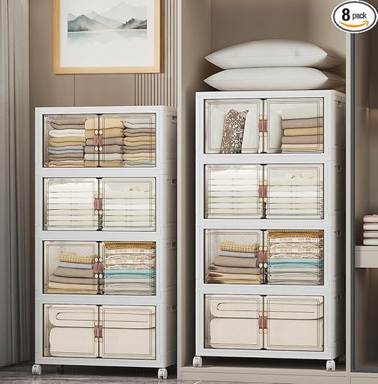 UAMFURI Stackable Storage Bins, 896QT Collapsible Drawers with 2 Lids | Large Capacity, Magnetic Door, Stack Lock, Rolling Wheels, Foldable Design, Organizers and Storage for Bedroom Dorm Garage