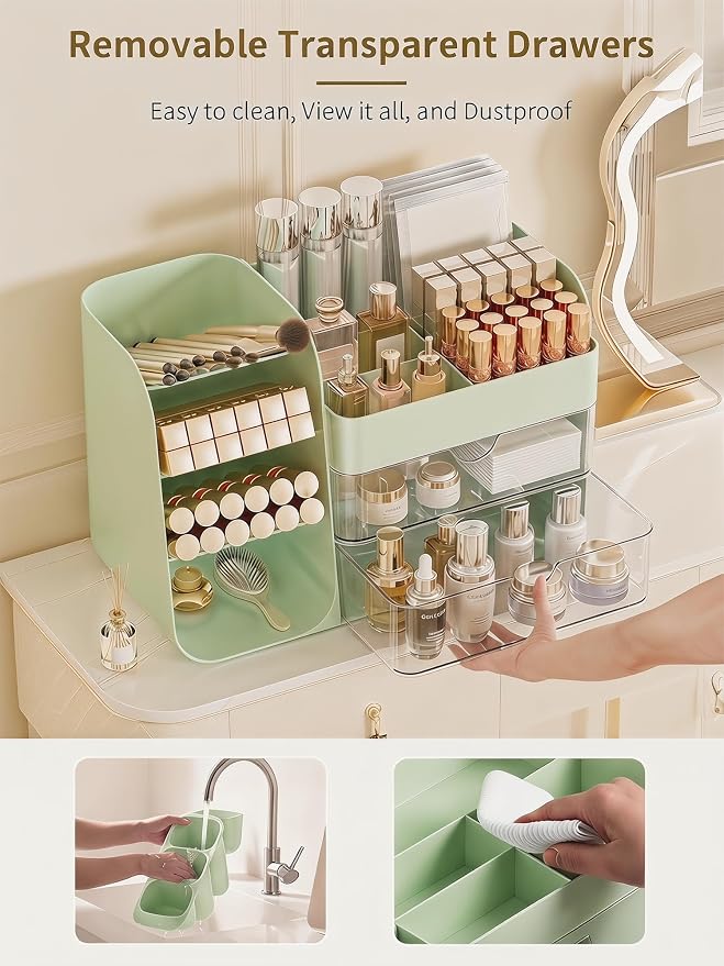 Booklov Small Makeup Organizer for Vanity Countertop, Green | Clear Acrylic Cosmetic Display Case, Beauty Brush Holder for Bathroom Counter, Make Up Skincare Lipsticks Storage