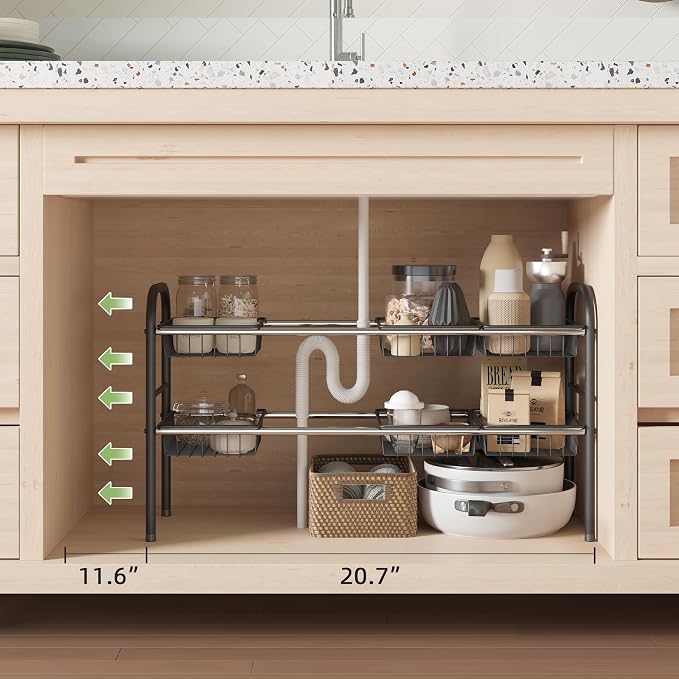 Under Sink Organizers and Storage,Expandable under cabinet organizer Shelf | 2 tier expandable shelf for kitchen and bathroom,8 Baskets,Adjustable partition height,20.7-32.3" W