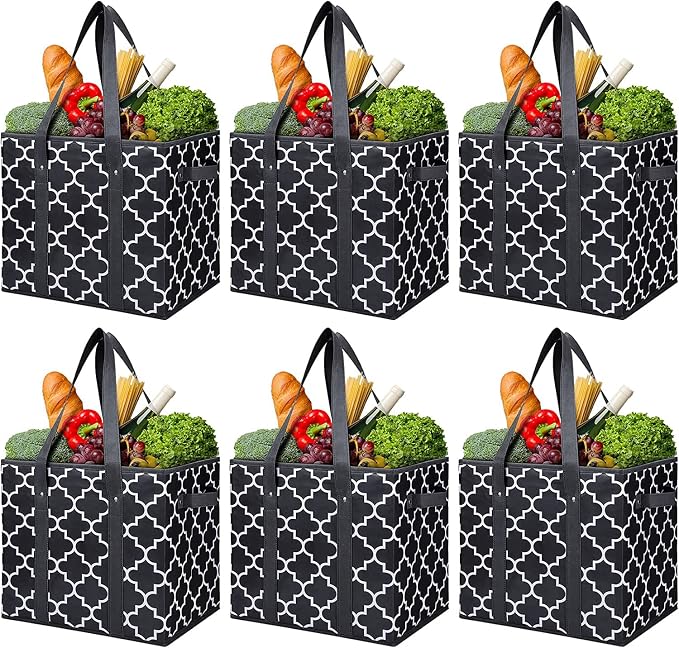 WISELIFE Reusable Grocery Bags 6-Pack Foldable Washable Large Storage Bins Basket Water Resistant Shopping Tote Bag Black