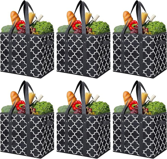 WISELIFE Reusable Grocery Bags 6-Pack Foldable Washable Large Storage Bins Basket Water Resistant Shopping Tote Bag Black