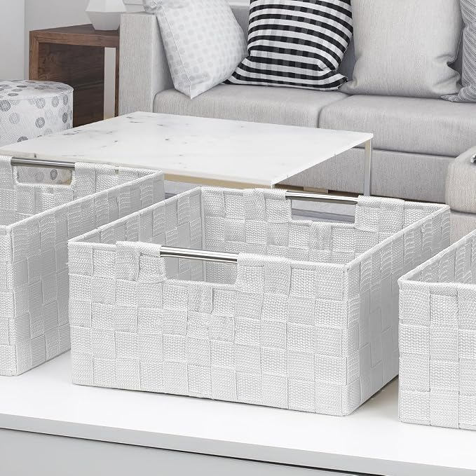 Sorbus Storage Box Woven Basket Bin Container Tote Cube Organizer Set Stackable Storage Basket Woven Strap Shelf Organizer Built-In Carry Handles (White)