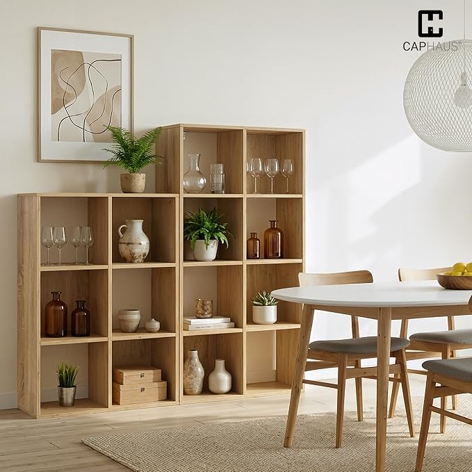 CAPHAUS Sturdy Room 11-Inch Cube Storage Organizer Shelf, with Thick Exterior Edge, Storage Shelf Divider w/Back, Bookcase, 9-Cube, Natural Oak