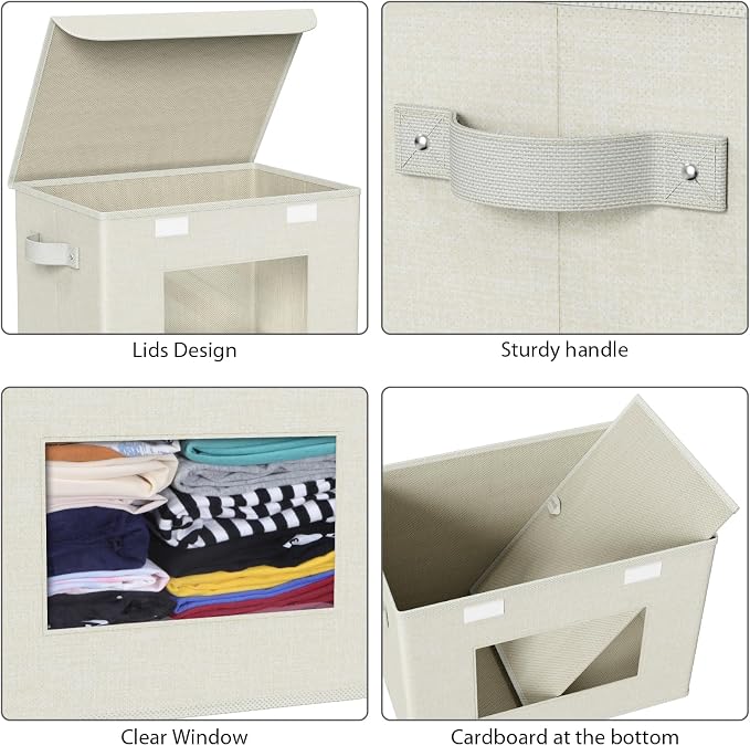 Univivi Fabric Foldable Storage Boxes with Lids [4-Pack] Collapsible Storage Bins for Clothes Closet Organizers with Handles Storage Cube Basket for Home, Office, Bedroom (Beige, 17"" x 12"" x 12"")