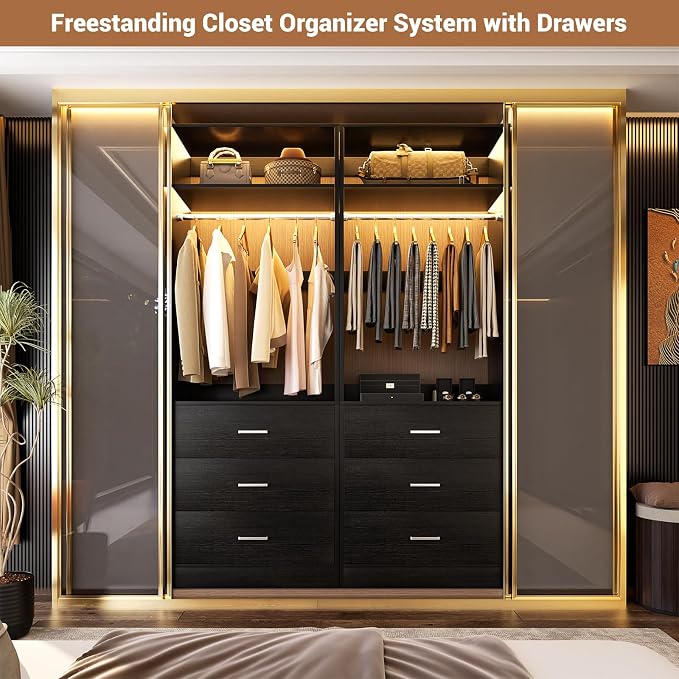 Besiost Closet System Set of 4, 8FT Closet Systems with 12 Wood Drawers, 96" Closet Organizer System with 4 Hanging Rods & 4 Shelves, Heavy Duty 96 Inch Walk-in Closet, Black (96"L x 15" W x 80" H)