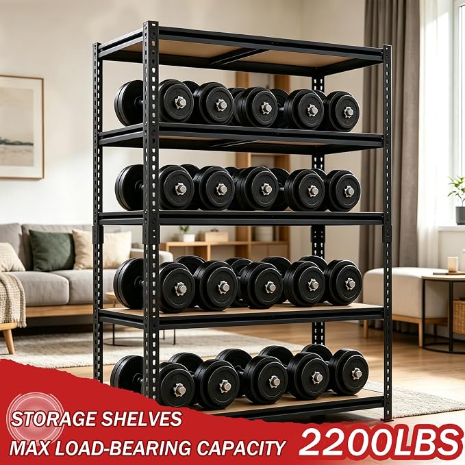 60" H Heavy Duty Storage Shelves, 2400LBS Capacity Metal Shelving Unit, Adjustable Garage Shelves & Organizer with Overlap Design for Home Garage Warehouse Storage Shop,Black