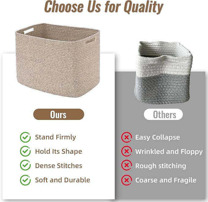 3 Pack Cube Storage Bin, 17”x12”x12” Cotton Rope Woven Baskets for Organizing Toys Clothes Towels, Square Gift Storage Baskets for Shelves, Nursery, Closet, Bathroom, Pantry (Jute)
