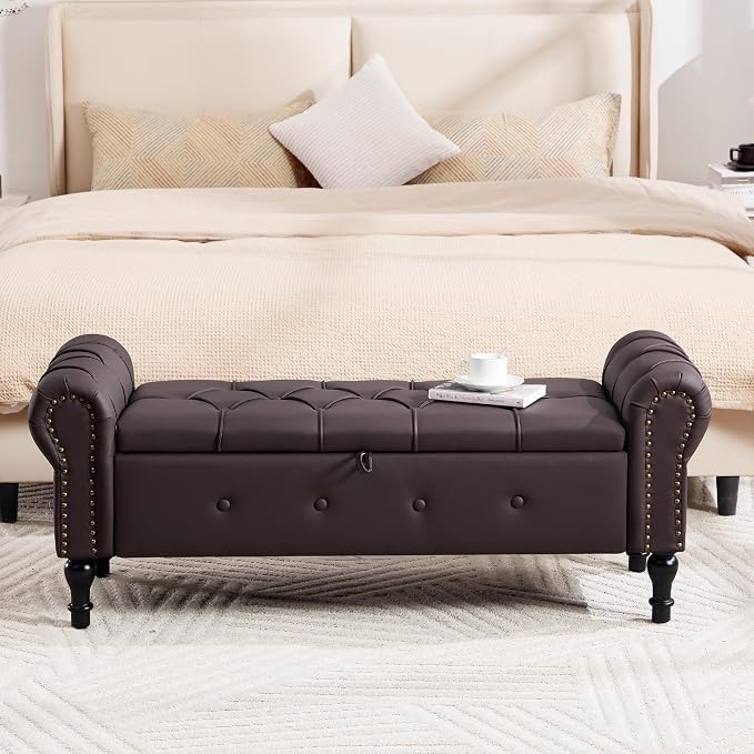 Storage Bench 51" Faux Leather End of Bed Benches Dark Brown | Queen Size Storage Bench for Bedroom with Rolled Arms Tufted Ottoman Benches Upholstered Bench for Living Room Entryway