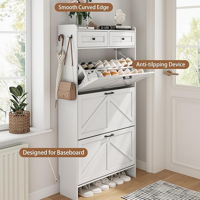 Shoe Cabinet with 3 Flip Drawers & 2 Top Drawers, 57" Tall Freestanding Narrow Wooden Shoe Storage Organizer for Entryway, Hidden Slim Shoe Rack for Front Door Entrance, Hallway, Living Room, White