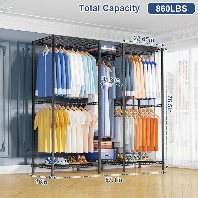 E12 Clothes Rack，Heavy Duty Freestanding Garment Rack with Shelves，Metal Clothing Closet Storage System for Hanging Clothes，57.1" W x 16" D x 76.5" H, Hold 860 lbs，Black