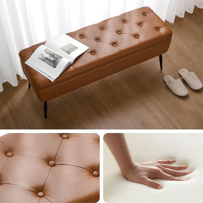 kinmars Leather Storage Ottoman Bench, End of Bed Bench with Steel Legs | Brown Leather Button Tufted Design | 660 lb Capacity | Safety Hinges | Mid-Century Modern Style | Bedroom & Entryway