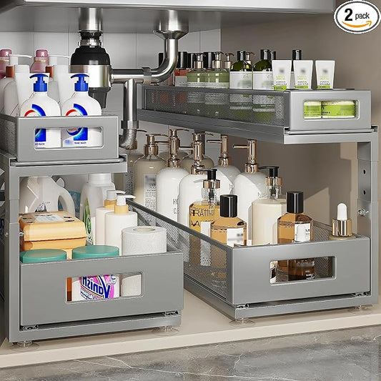 2 Pack 21.3IN-Depth Under Sink Organizer with Next-Gen Ball-Bearing Slides,2-Tier Pull Out Cabinet Storage,Height Adjustable Drawer Shelf for Bathroom,Kitchen,Laundry,Cabinet,Pantry-Gun Gray