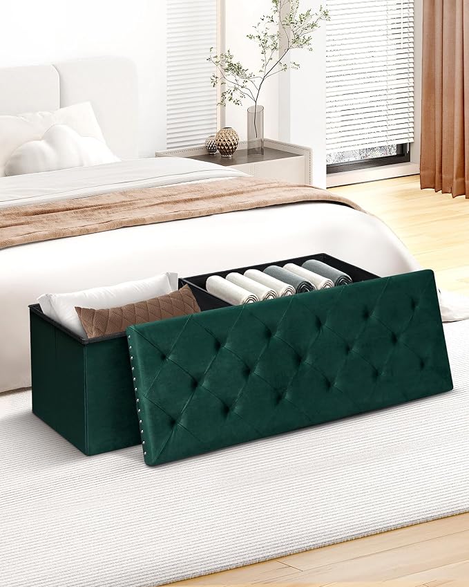 B FSOBEIIALEO Storage Ottoman Bench, Folding Tufted Ottoman with Storage, Extra Large 140L Toy Chest Bench for Bedroom, Luxury Velvet Fabric, 43 Inches Green