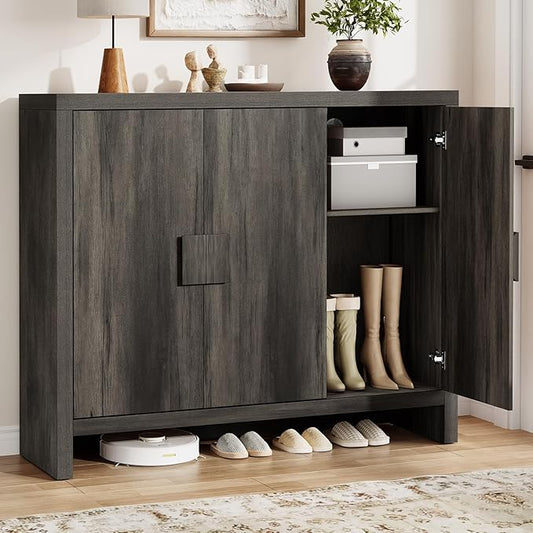 ONBRILL Shoe Cabinet with 3 Doors, 30 Pairs Shoe Storage Cabinet with Adjustable Shelves & Ventilation Hole Design, 47'' Wide Shoe Rack Shoe Organizer Cabinet for Entryway Living Room (Black Smoky)