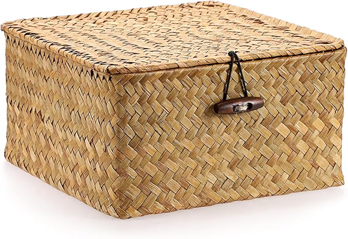 Hipiwe Handwoven Wicker Shelf Basket Bin with Lid Decorative Baskets Box | Multipurpose Seagrass Baskets Organizer, Square Household Storage Basket for Shelf Living Room Bathroom, Small Caramel