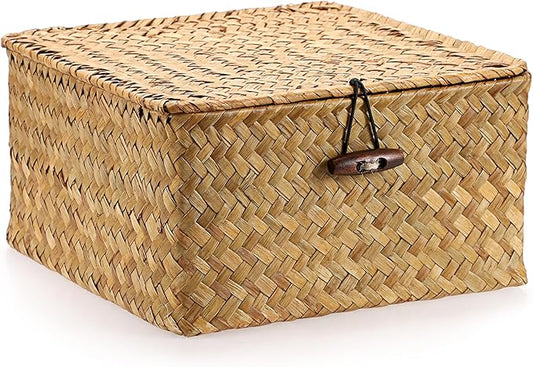 Hipiwe Handwoven Wicker Shelf Basket Bin with Lid Decorative Baskets Box | Multipurpose Seagrass Baskets Organizer, Square Household Storage Basket for Shelf Living Room Bathroom, Small Caramel