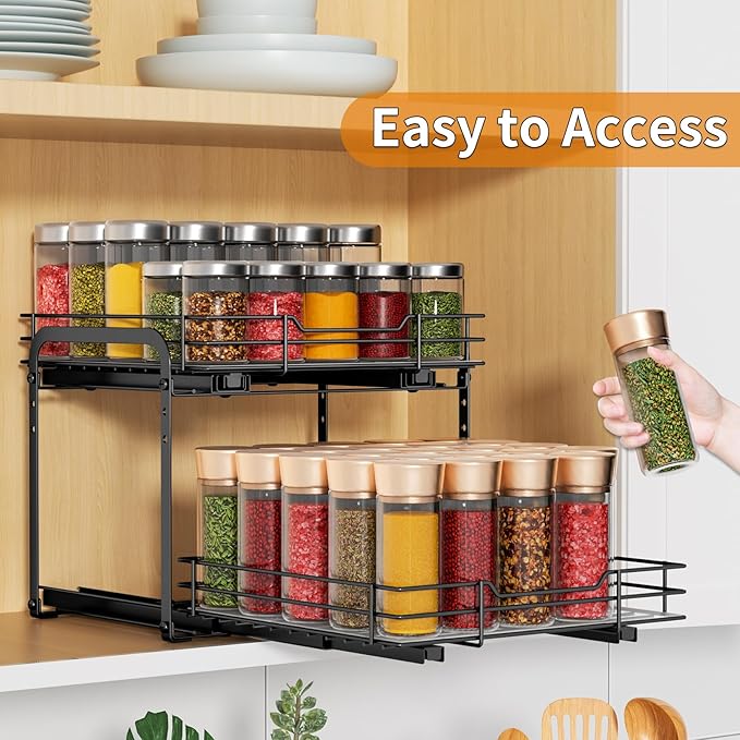 RCHYFEED 2 Tier Pull Out Spice Rack Organizer for Cabinet,11.5"Wx10.5Dx9.5H | Height Adjustable Spice Organization for Cabinet Metal Slide Out Spice Rack Heavy Duty Vertical Spice Rack for Cabinet,Pantry