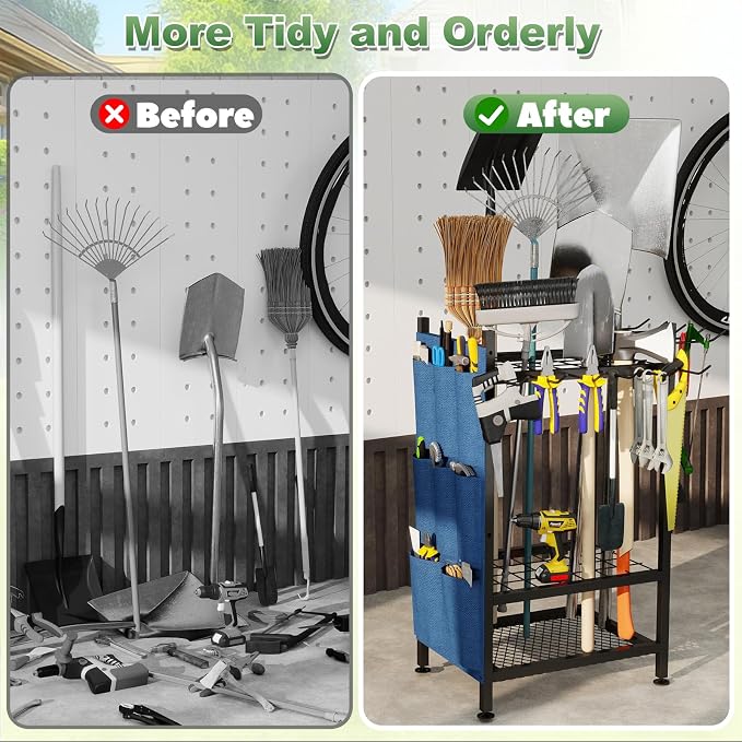 Garden Tool Organizer, Garden Yard Tool Rack for Garage, Garage Organization and Storage, Metal Yard Tools Storage up to 46 Tools/Rake/Broom/shovel/, Suitable for Garage, Yard, Patio, Shed