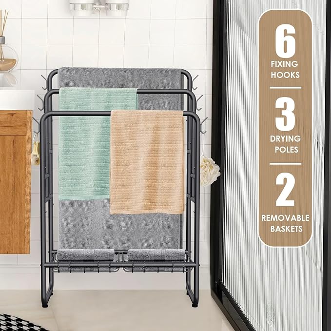 Kayfia 40'' Freestanding 3 Tier Metal Towel Rack, 2 Baskets & 6 Hooks | Dual-Use Drying & Display Rack, Holds Oversized Bath Towels & Blankets, fits Indoor, Bathroom, Bedroom & Outdoor, Black