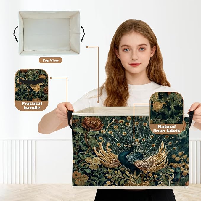Peacock Floral Storage Box Bins, Vintage Cottagecore Wildflower Peacock Collapsible Storage Basket Organizer for Bedroom Laundry Room Home Clothes Books, Decor for Room