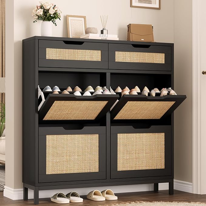Jocoevol Rattan Shoe Cabinet for Entryway, Boho Shoe Storage Cabinet with 4 Flip Drawers and 2 Drawers, Narrow Freestanding Shoe Rack with Metal Legs for Entryway/Hallway/Foyer (Black)