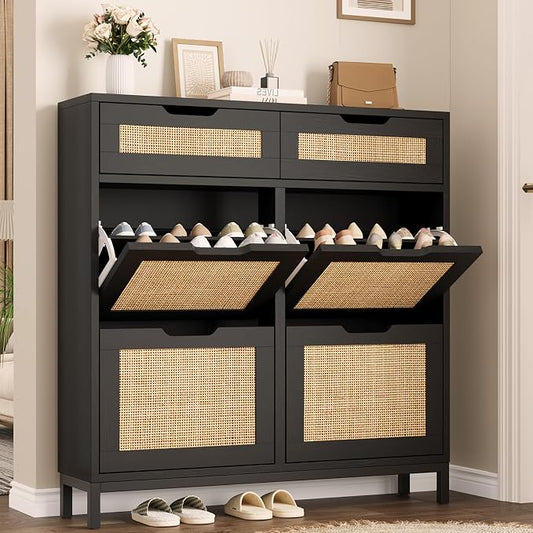 Jocoevol Rattan Shoe Cabinet for Entryway, Boho Shoe Storage Cabinet with 4 Flip Drawers and 2 Drawers, Narrow Freestanding Shoe Rack with Metal Legs for Entryway/Hallway/Foyer (Black)