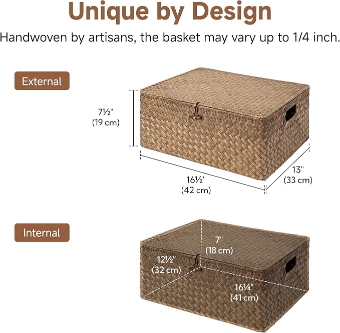 StorageWorks Extra Large Wicker Baskets, Seagrass Storage Baskets for Shelves, Decorative Box with Built-in Handles,Brown
