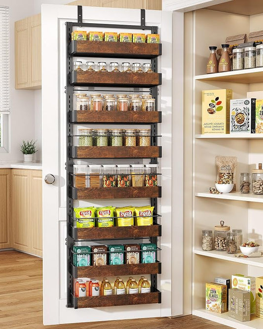 SNTD 8 Tiers Over the Door Organizer - Height Adjustable Pantry Organizers and Storage with Dense Mesh Baskets, Hanging Door Spice Rack for Kitchen Bathroom (Rustic Brown, 17" W x 6" D x 69" H)